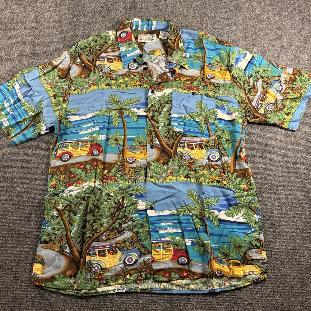Monticerutti Hawaiian Shirt Mens L Blue Rayon Woody Car Tropical Beach Aloha